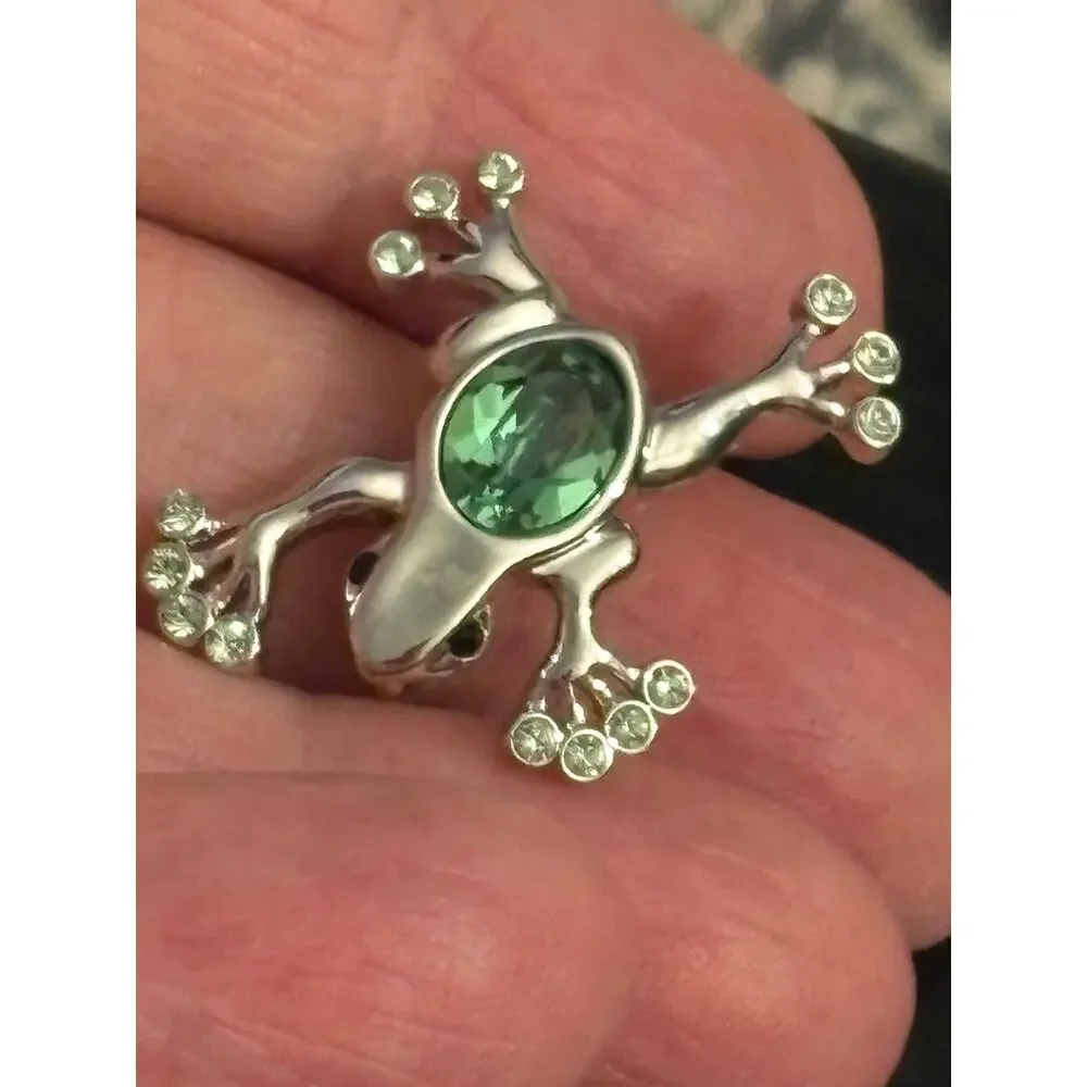 Silver Tone Frog Brooch Green Rhinestone Accent Pin